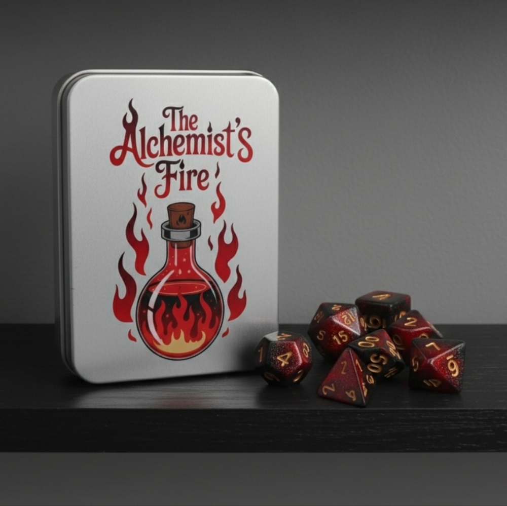 NEW Alchemist Fire Black & Red Polyhedral Dice, Tin, and Bag Set
